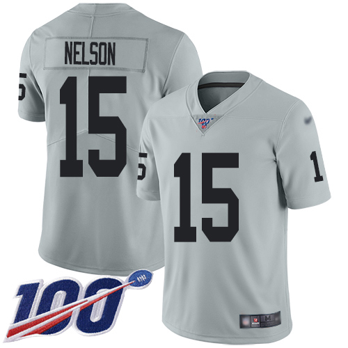 Men Oakland Raiders Limited Silver J  J  Nelson Jersey NFL Football #15 100th Season Inverted Legend Jersey